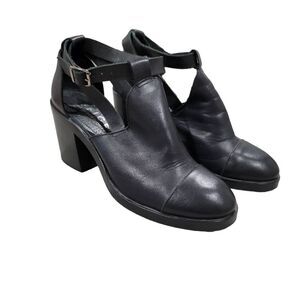 Office London Cutout Black Chunky Heel Booties Ankle Leather Sz 39